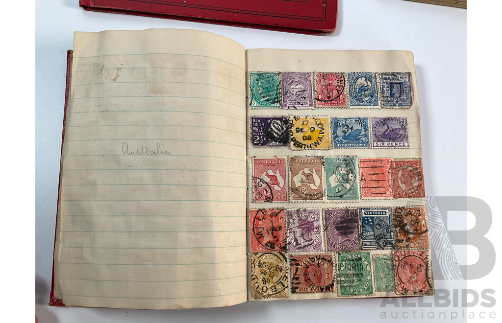 Collection of Vintage Stamp Albums Including Australian Predecimal, 1900's, QV, KGV, United Kingdom Penny Red, USA, Germany, France, Italy, Japan, China, Russia and More