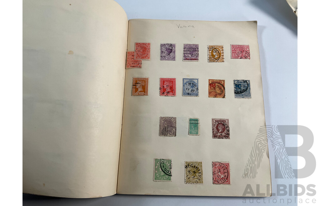 Collection of Vintage Stamp Albums Including Australian Predecimal, 1900's, QV, KGV, United Kingdom Penny Red, USA, Germany, France, Italy, Japan, China, Russia and More