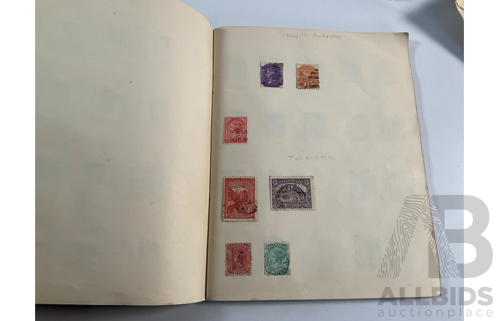 Collection of Vintage Stamp Albums Including Australian Predecimal, 1900's, QV, KGV, United Kingdom Penny Red, USA, Germany, France, Italy, Japan, China, Russia and More