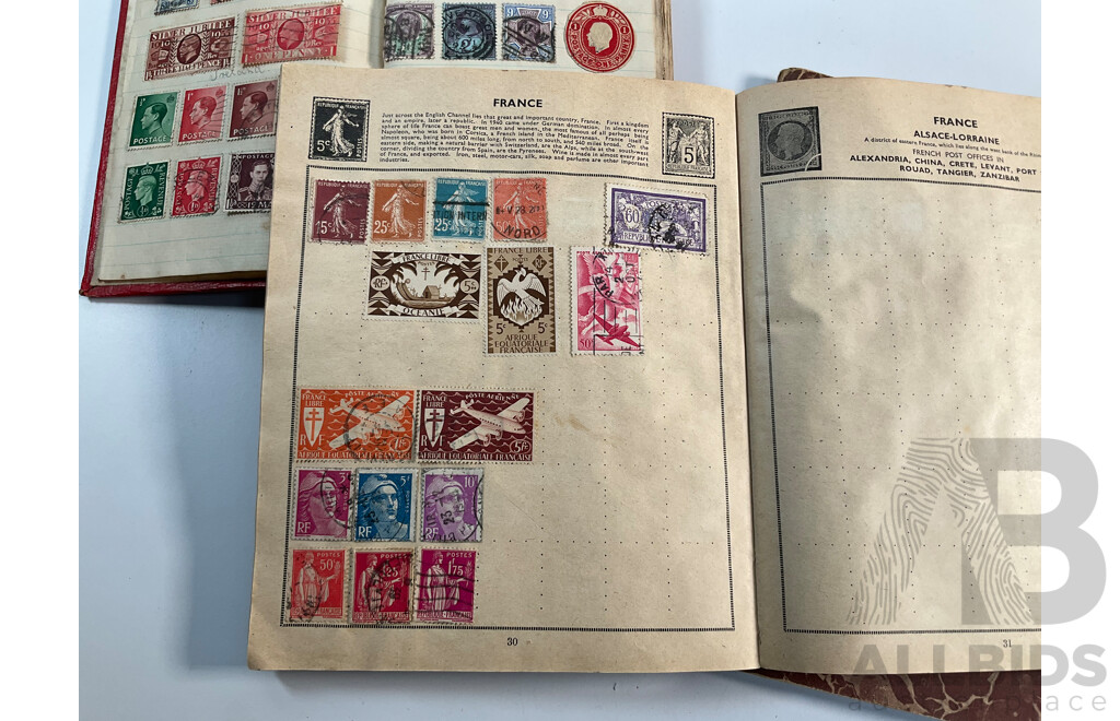 Collection of Vintage Stamp Albums Including Australian Predecimal, 1900's, QV, KGV, United Kingdom Penny Red, USA, Germany, France, Italy, Japan, China, Russia and More