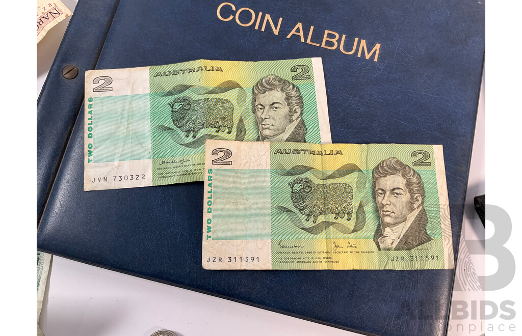 Collection of International Coins and Notes Including Two Australian Two Dollar Notes 1979 Knight/Stone, 1983 Johnston/Stone, Coin Album of USA, Singapore, Germany, Philippines, Fiji, Assortment of Coins - Approximately 1.3 Kilograms