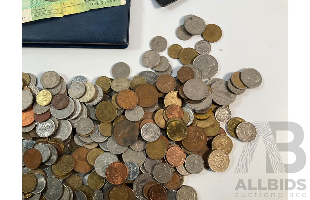Collection of International Coins and Notes Including Two Australian Two Dollar Notes 1979 Knight/Stone, 1983 Johnston/Stone, Coin Album of USA, Singapore, Germany, Philippines, Fiji, Assortment of Coins - Approximately 1.3 Kilograms