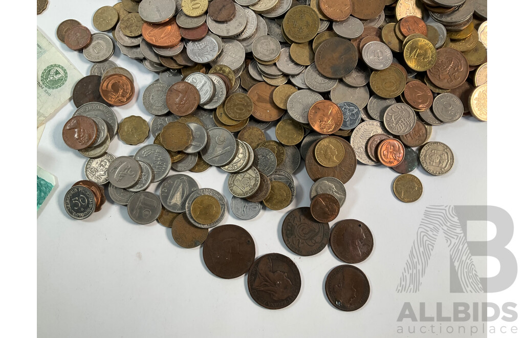Collection of International Coins and Notes Including Two Australian Two Dollar Notes 1979 Knight/Stone, 1983 Johnston/Stone, Coin Album of USA, Singapore, Germany, Philippines, Fiji, Assortment of Coins - Approximately 1.3 Kilograms