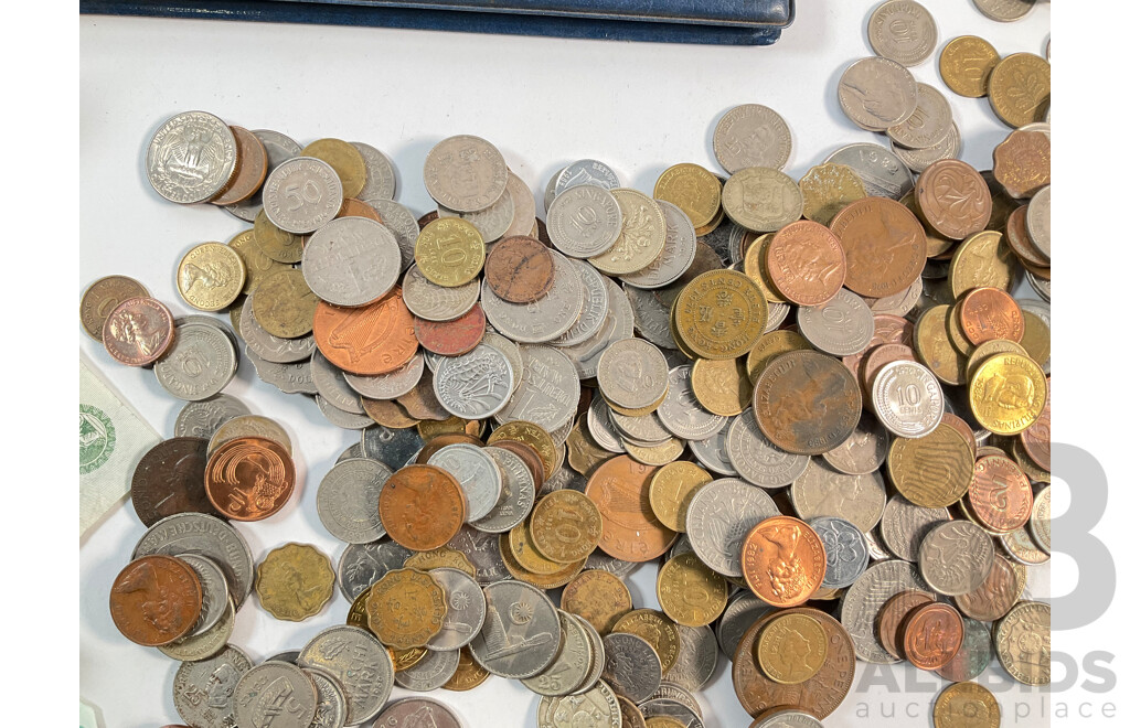 Collection of International Coins and Notes Including Two Australian Two Dollar Notes 1979 Knight/Stone, 1983 Johnston/Stone, Coin Album of USA, Singapore, Germany, Philippines, Fiji, Assortment of Coins - Approximately 1.3 Kilograms