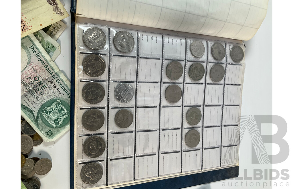 Collection of International Coins and Notes Including Two Australian Two Dollar Notes 1979 Knight/Stone, 1983 Johnston/Stone, Coin Album of USA, Singapore, Germany, Philippines, Fiji, Assortment of Coins - Approximately 1.3 Kilograms