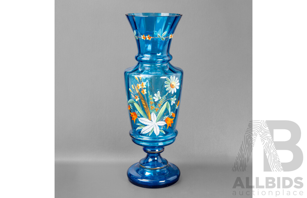 Victorian Hand Painted Blue Glass Vase