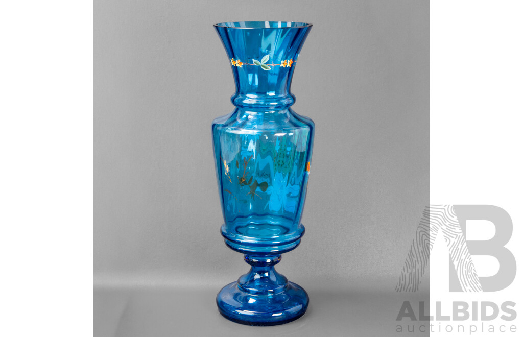 Victorian Hand Painted Blue Glass Vase