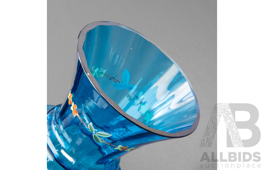 Victorian Hand Painted Blue Glass Vase