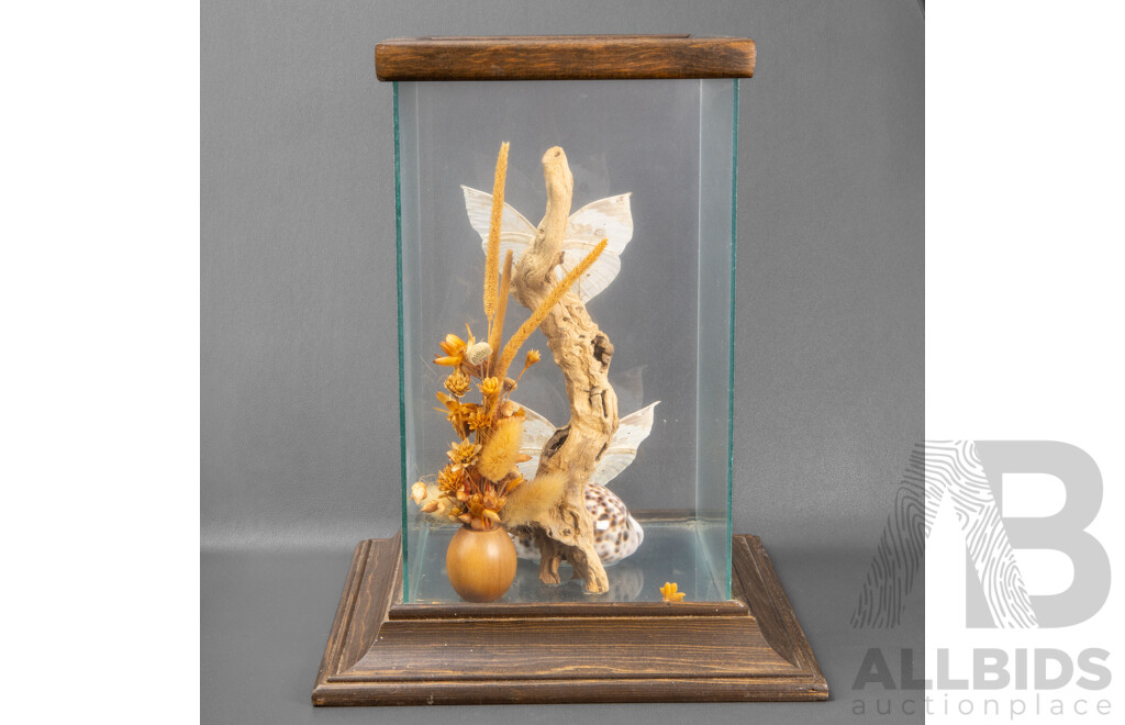 Vintage Glass Framed Diorama with Butterflies, Driftwood and Seashells