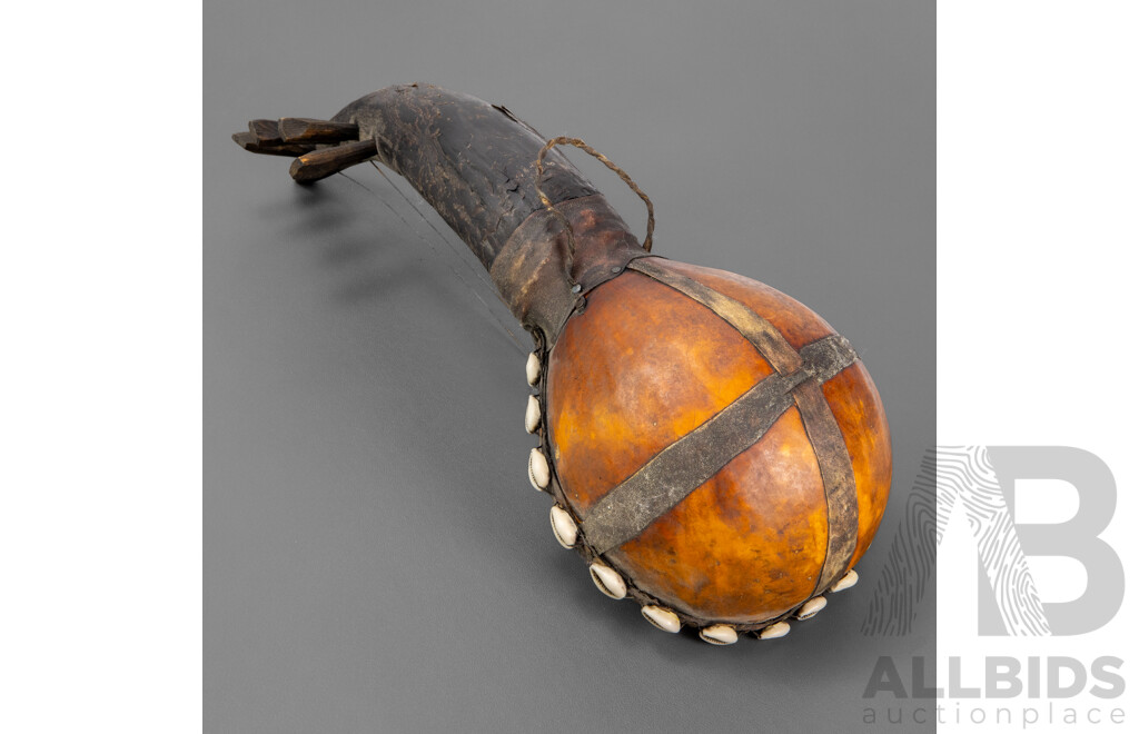 Vintage African Gourd Stringed Instrument with Horn and Seashell Detail