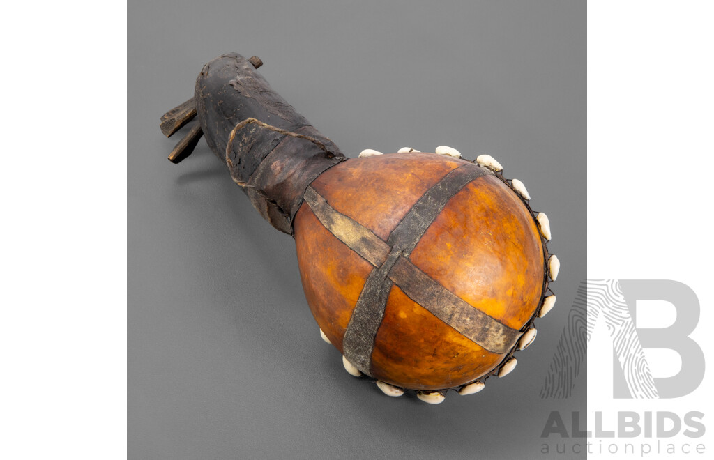Vintage African Gourd Stringed Instrument with Horn and Seashell Detail