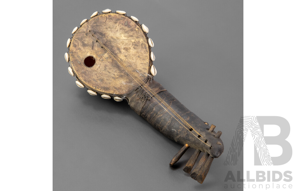 Vintage African Gourd Stringed Instrument with Horn and Seashell Detail