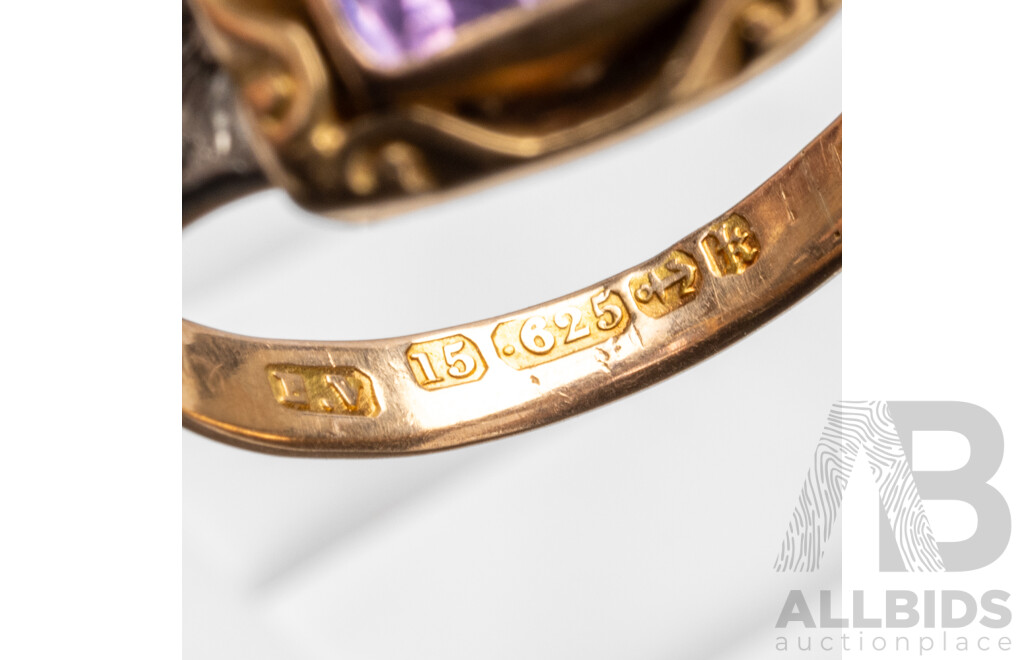Vintage 15ct Yellow/White & Amethyst Ring - Size P