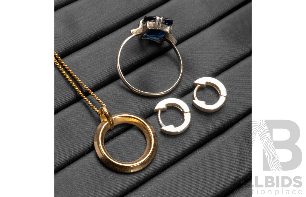 925 Sterling Silver Ring & Earrings, Gold Tone Necklace & Cubic Zirconia Pendant - Lot of 3