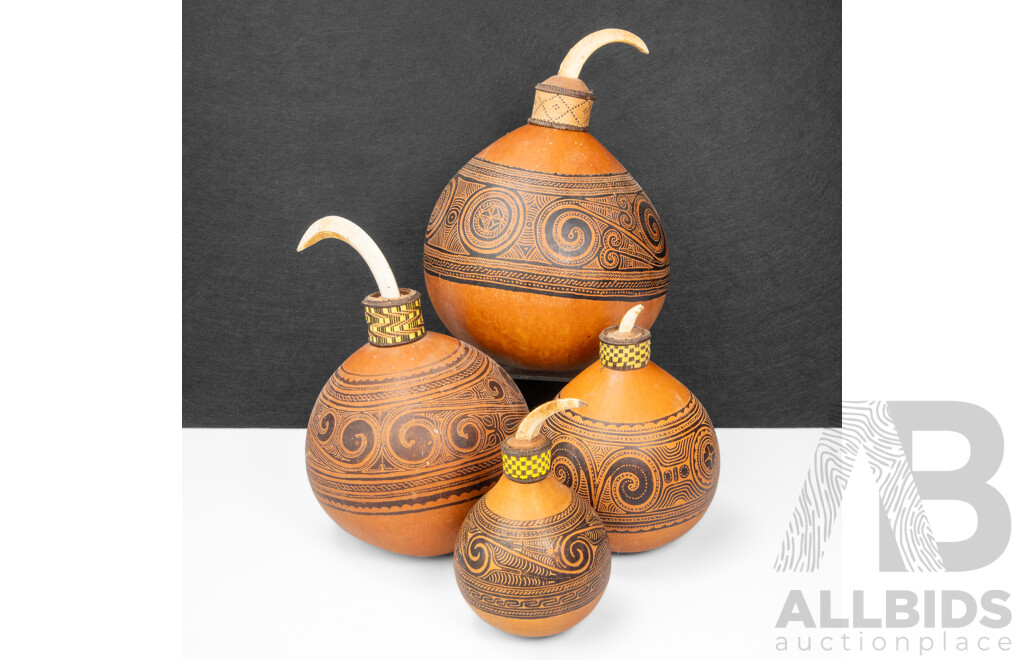 Collection of Four Graduated Massim Lime Beetle Gourds with Tusk Fitted Tips