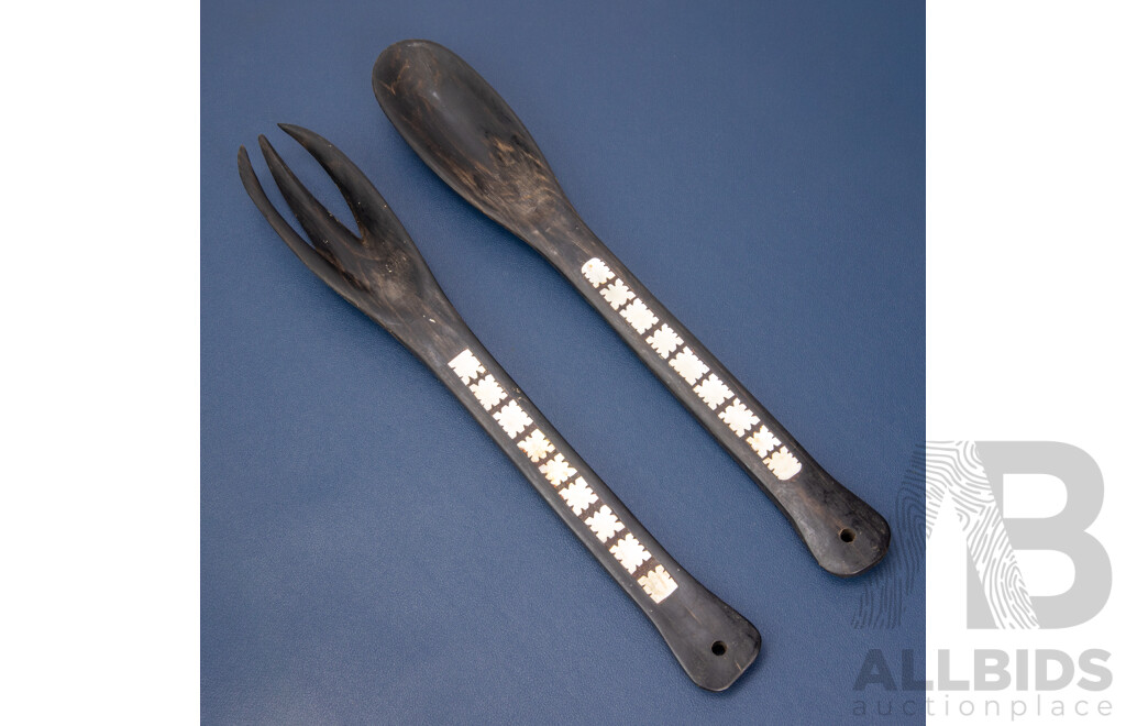 Pair of Vintage Mango Wood Salad Severs with Mother of Pearl Inlay