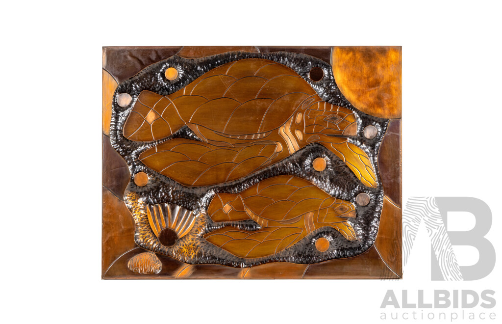 Tony Batten [Copa Guy] (Australian), Fish & Sea Turtles, Pair of Hand-Beaten Copper Relief Wall Panels, 54H × 69W cm (2)