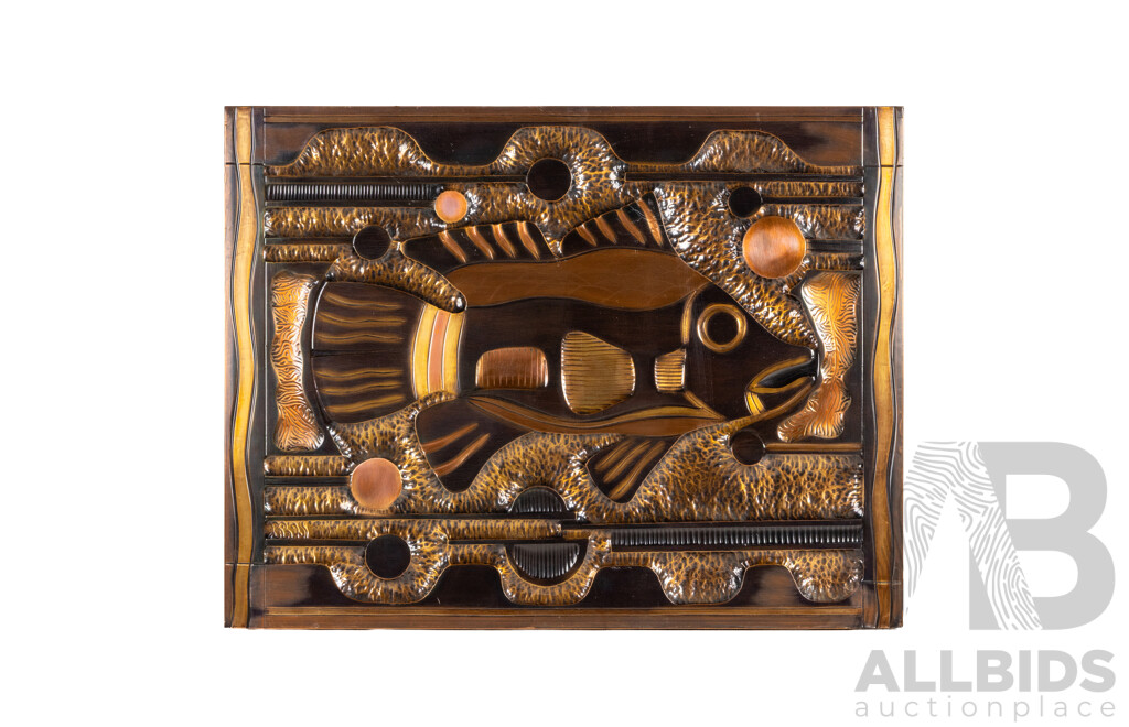 Tony Batten [Copa Guy] (Australian), Fish & Sea Turtles, Pair of Hand-Beaten Copper Relief Wall Panels, 54H × 69W cm (2)