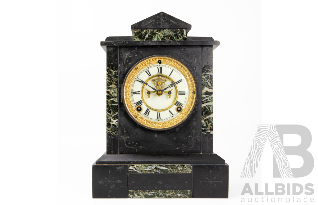 Late 19th Century Black Slate and Verte Marble Mantle Clock