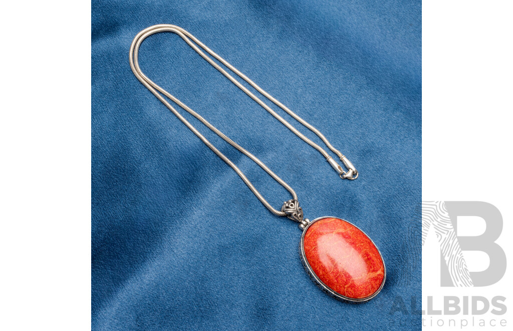 925 Sterling Silver Chain & Pendant with Large Red Sponge Coral