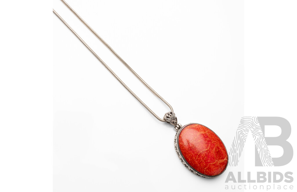 925 Sterling Silver Chain & Pendant with Large Red Sponge Coral