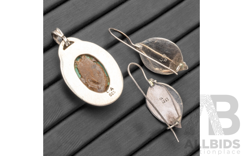 Vintage 925 Sterling Silver & Turquoise Earrings & Pendant Set - 19.92gms