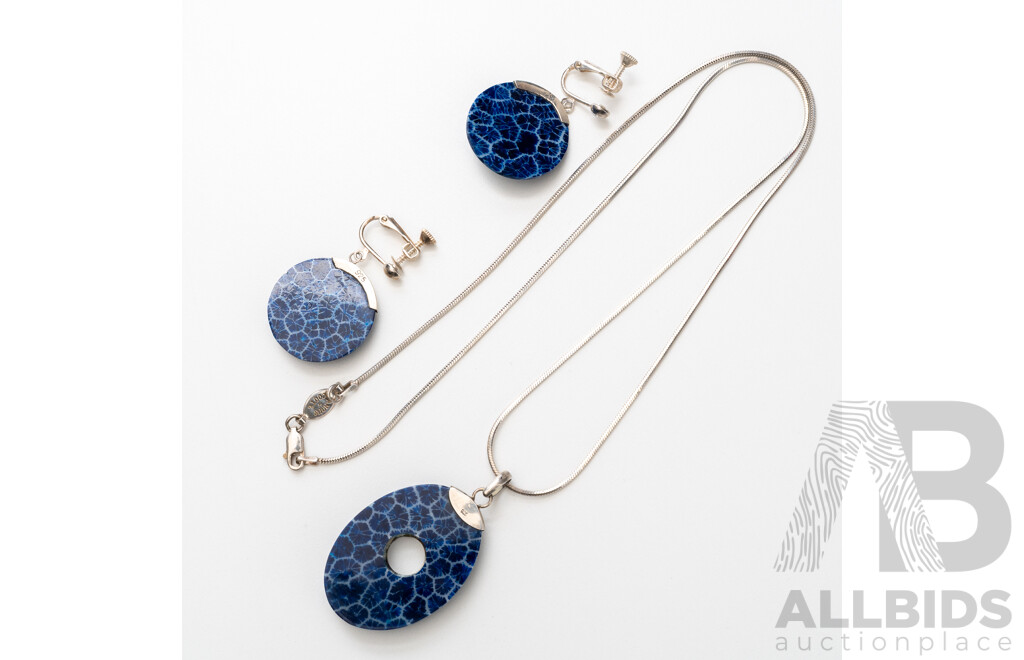 925 Sterling Silver Necklace, Earrings & Pendant Set with Blue Craquelure Style Enamel