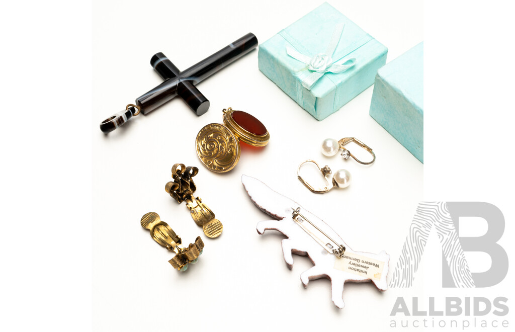 Collection of Jewellery, Earrings, Cross, Locket & Brooch - Lot of 5