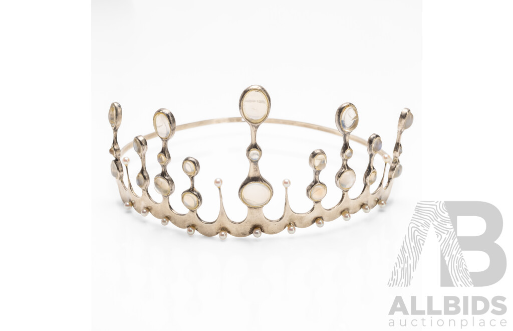 Handmade 925 Sterling Silver, Moonstone & Pearl Tiara by John Nadas - 54g