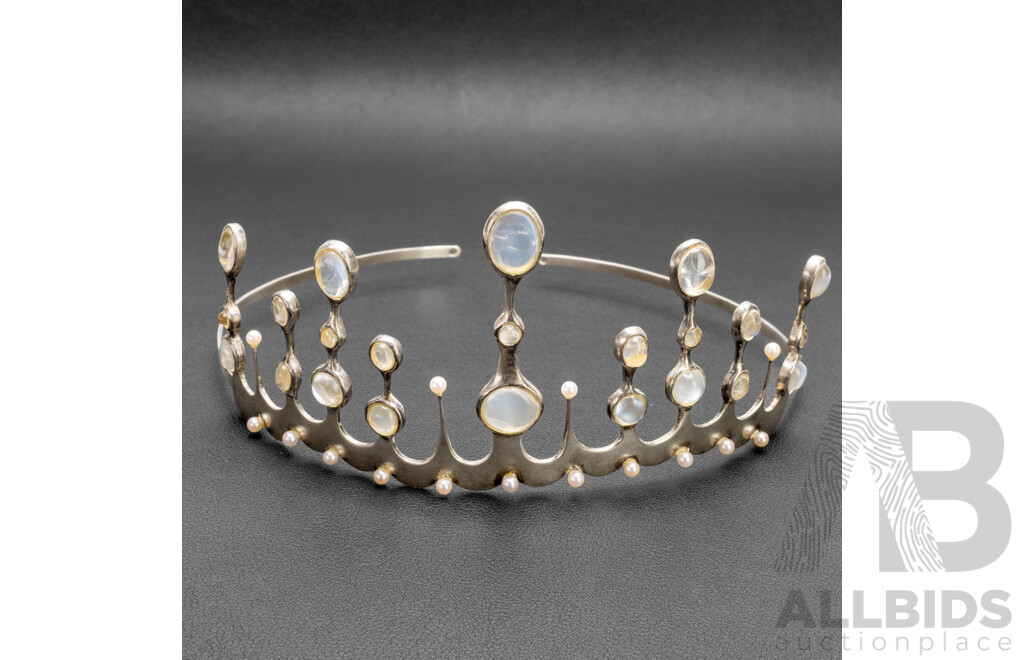 Handmade 925 Sterling Silver, Moonstone & Pearl Tiara by John Nadas - 54g