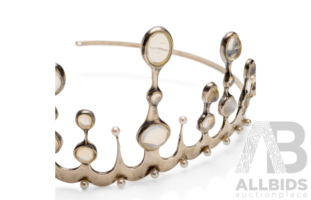 Handmade 925 Sterling Silver, Moonstone & Pearl Tiara by John Nadas - 54g