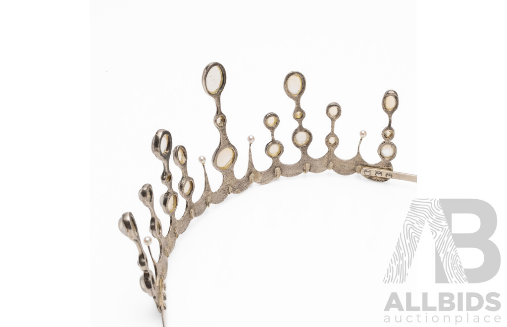 Handmade 925 Sterling Silver, Moonstone & Pearl Tiara by John Nadas - 54g