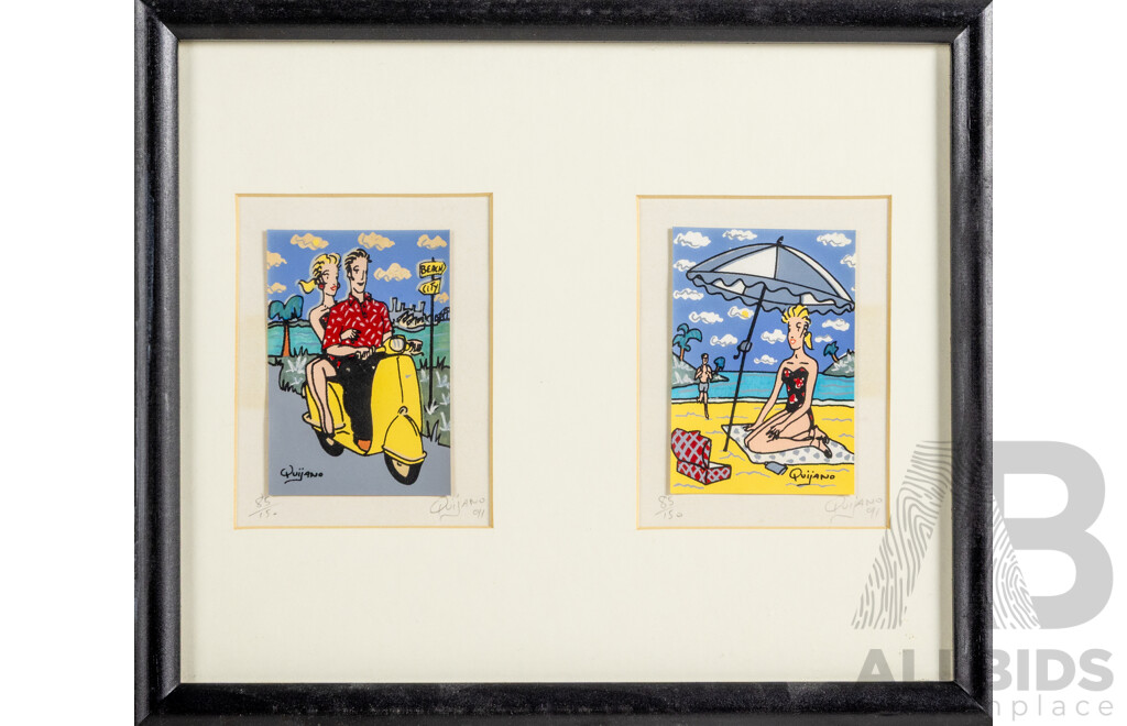 Nick Quijano (20th Century, Puerto Rican Born American, 1953-), Heading to Beach & at the Beach (1991), Signed Limited Edition Miniature Lithographs, 27 x 32 cm (frame)