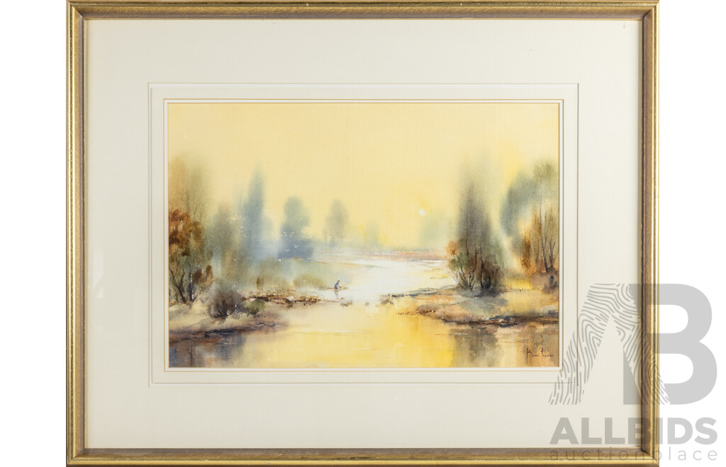 Boris Franco (20th Century, Australian), Morning Glow on the River, Original Vintage Watercolour, 66H x 83W cm (frame)