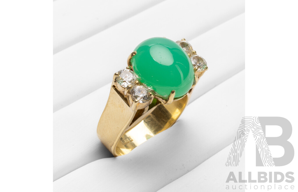 Vintage 14ct Yellow Gold Jadeite & White Topaz Ring - Size R