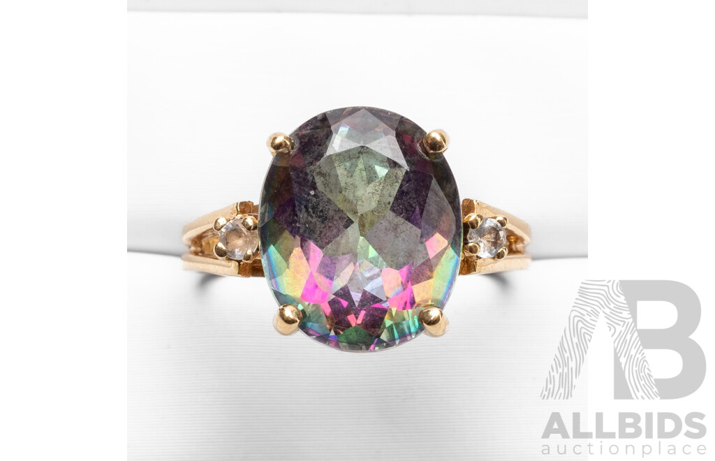 Vintage 9ct Yellow Gold Trilogy Ring with Mystic & White Topaz, Birmingham C.1999 - Size M