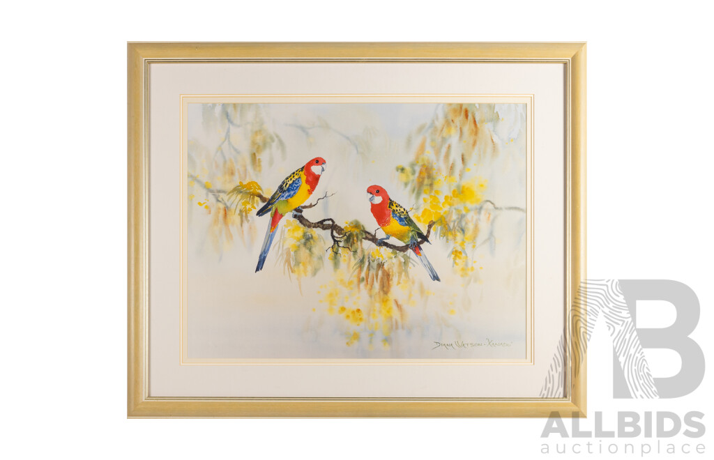 Diana Watson 'Xanadu', (20th Century, Australian, 1940-), Rosellas (1999), Original Watercolour, 82W x 100H cm (frame)