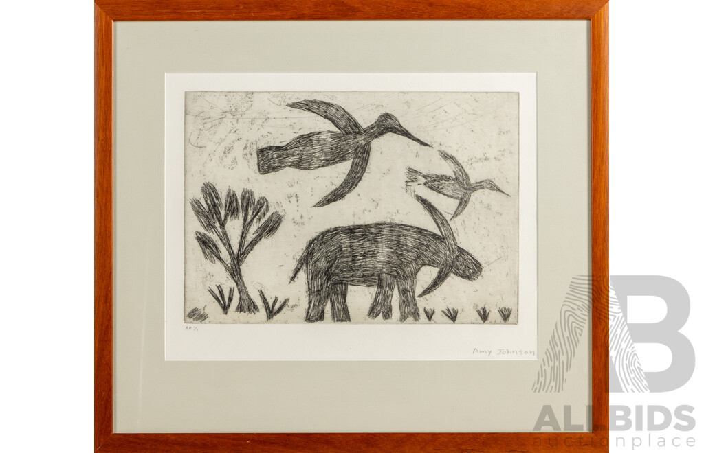 Amy Jirwulurr Johnson (20th Century, Indigenous-Australian, 1953–2016), Untitled Bird & Buffalo (2000), Wonderful Original Signed Etching, 48 x 55 cm (frame)