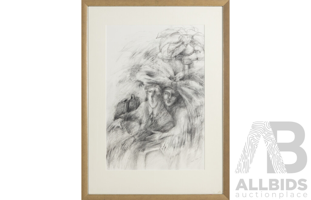 Kate Hine (20th Century, Australian), The Bride and Groom Pose with Aspidistra (2006), Original Charcoal and Pencil, 71 x 52 cm (frame)