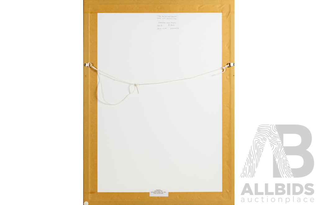 Kate Hine (20th Century, Australian), The Bride and Groom Pose with Aspidistra (2006), Original Charcoal and Pencil, 71 x 52 cm (frame)