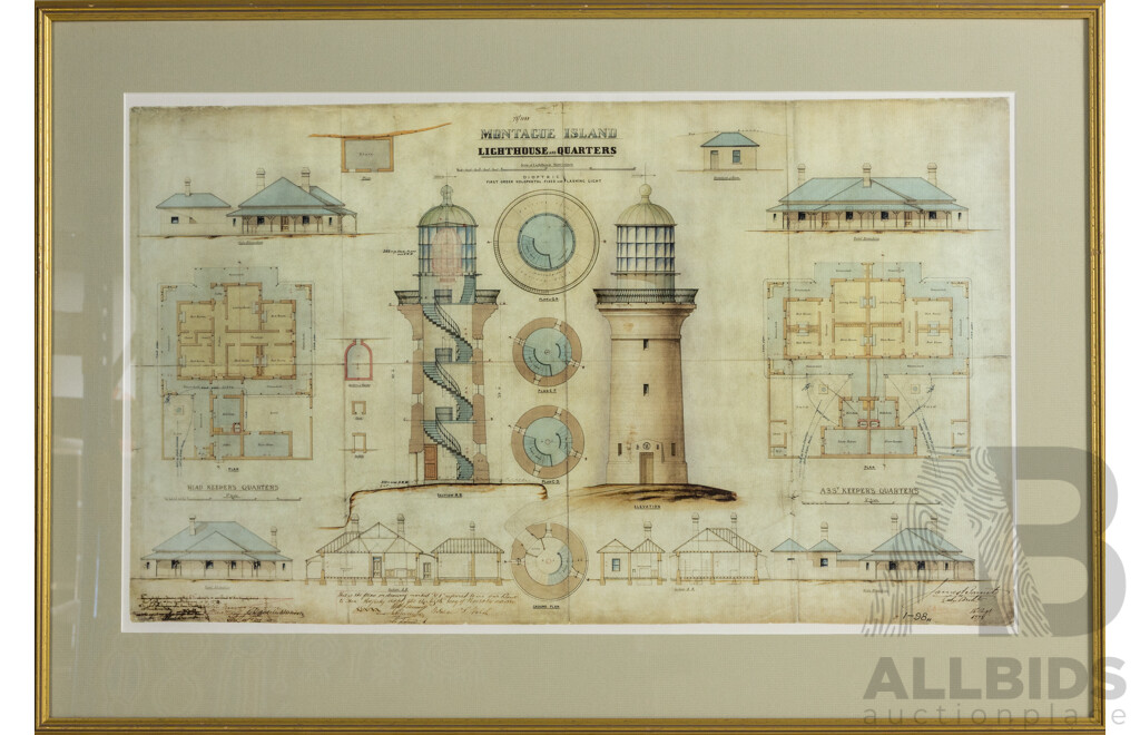 James Barnet, (19th Century, Scottish-Born Australian, 1827-1904), Montague Island Lighthouse Quarters, Wonderful Reproduction Print After Original 1878 Architectural Plans, 55.5 x 81 cm (frame)
