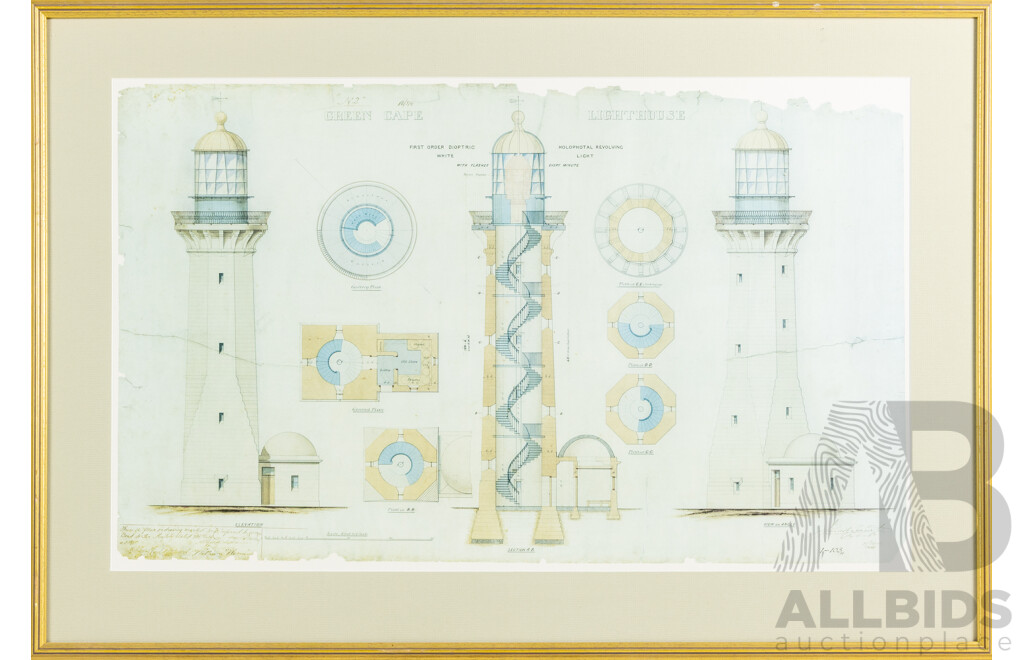 James Barnet, (19th Century, Scottish-Born Australian, 1827-1904), Green Cape Lighthouse Quarters, Wonderful Reproduction Print After Original 1880 Architectural Plans, 55.5 x 81 cm (frame)