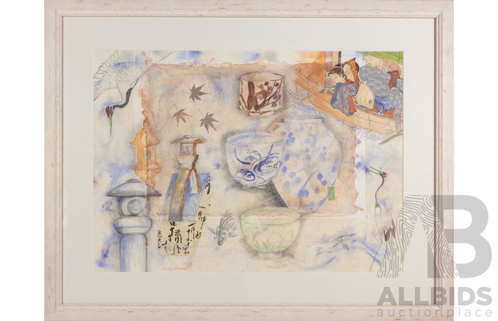 Lesley Band (20th Century), Garden Tea Ceremony, Original Pencil & Watercolour Mixed Media on Rice Paper, 72 X 91 Cm (Frame)