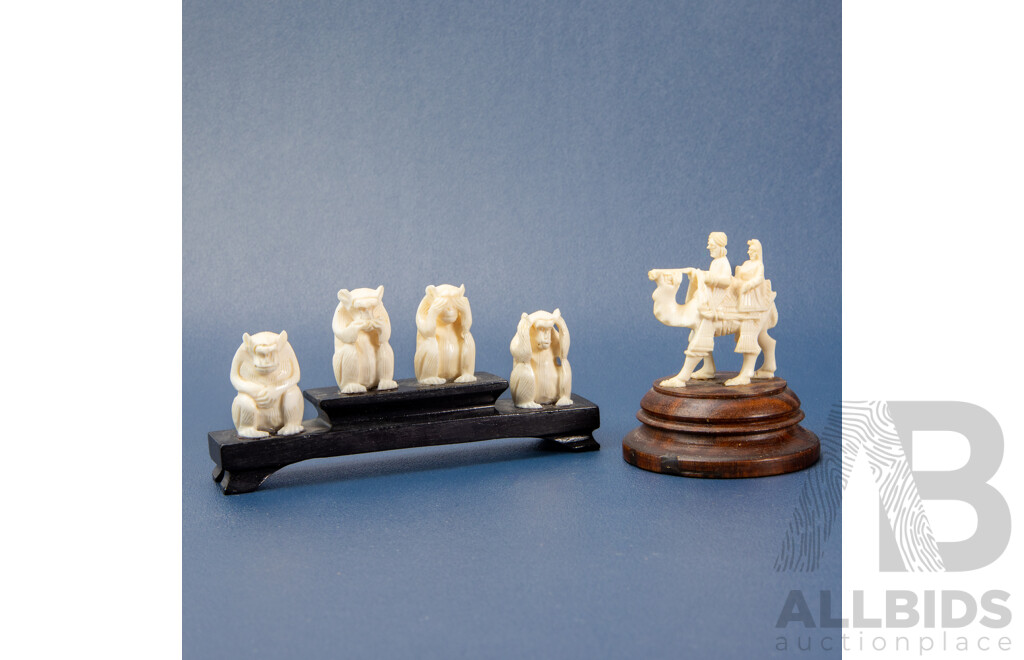 Set Vintage Carved Ivory Four Wise Monkeys on Platform Together with a Carved Bone Camel and Riders (2)