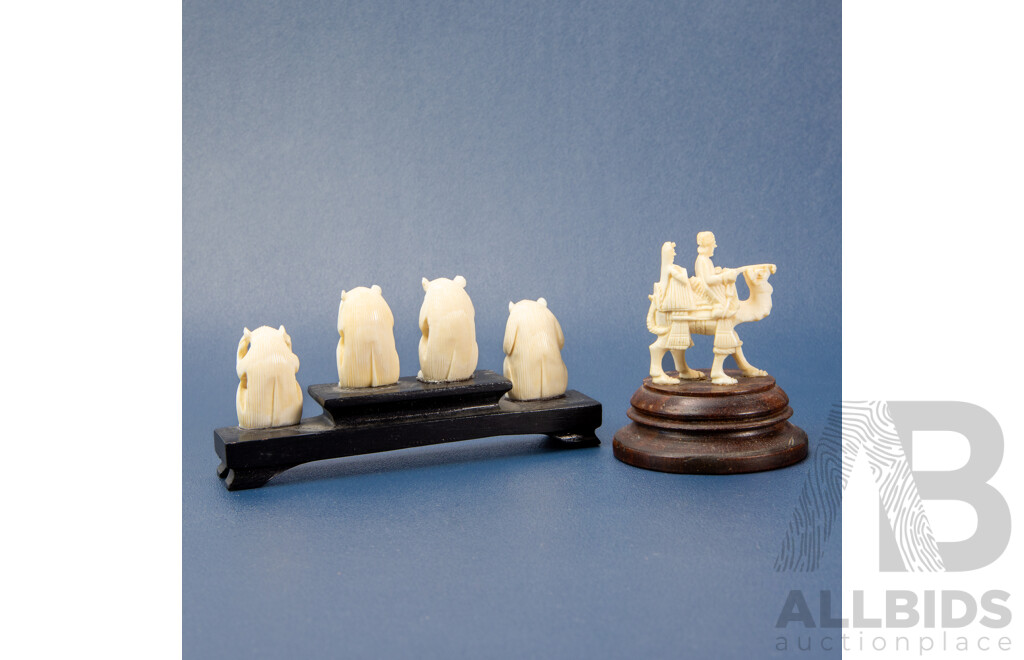 Set Vintage Carved Ivory Four Wise Monkeys on Platform Together with a Carved Bone Camel and Riders (2)