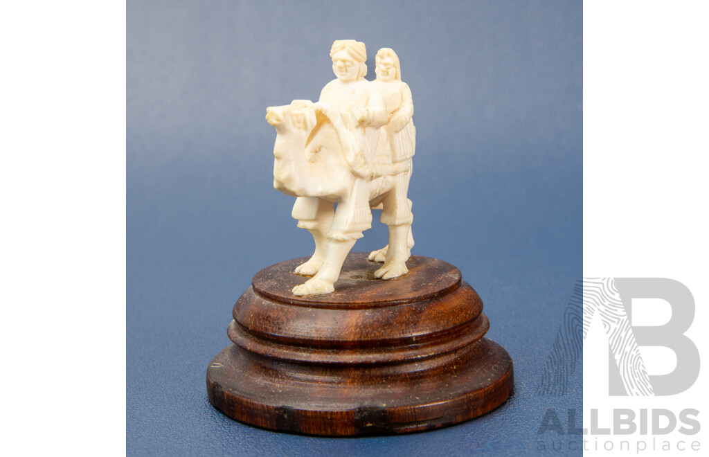 Set Vintage Carved Ivory Four Wise Monkeys on Platform Together with a Carved Bone Camel and Riders (2)