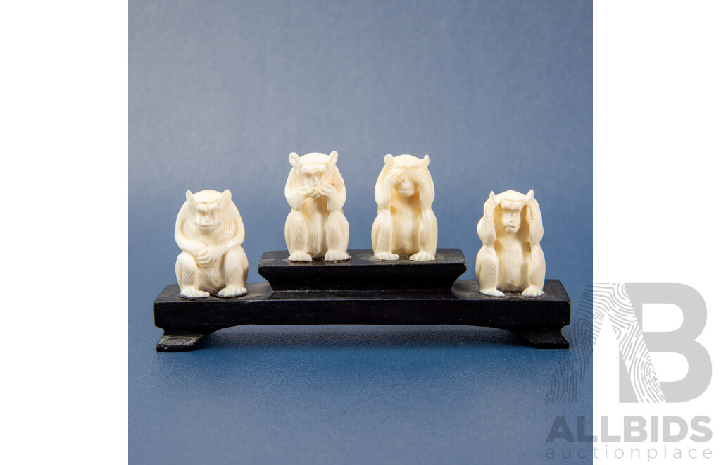 Set Vintage Carved Ivory Four Wise Monkeys on Platform Together with a Carved Bone Camel and Riders (2)