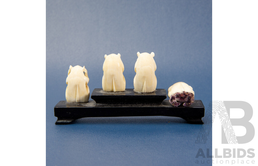 Set Vintage Carved Ivory Four Wise Monkeys on Platform Together with a Carved Bone Camel and Riders (2)
