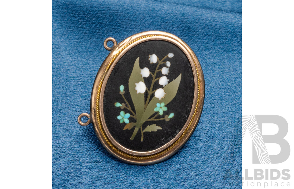 Vintage Victorian Pietra Dura Gold Brooch - 6.86gms