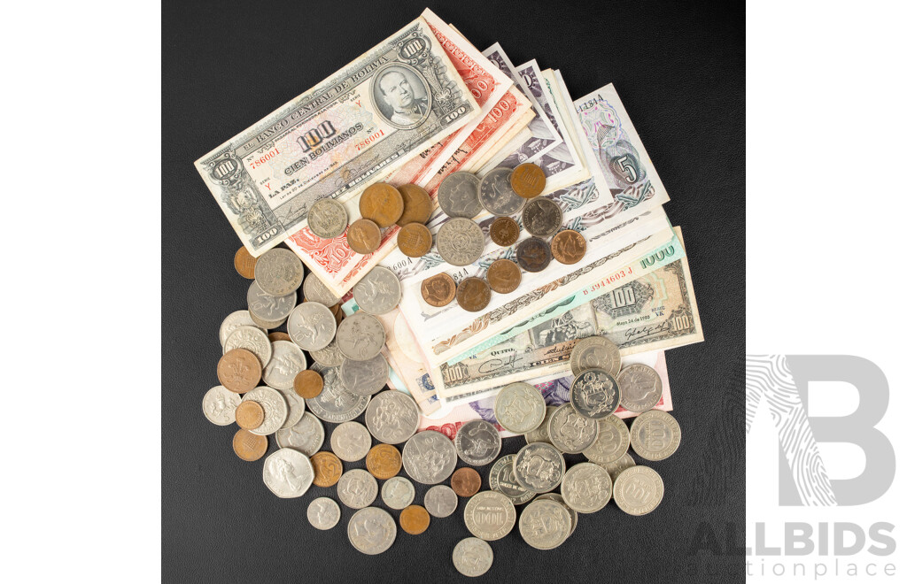 Collection of International Currency Including KGVI/QE2 Coins, New Zealand, United Kingdom, Peru, Vintage South American Banknotes Including Bolivia, Argentina, Peru, Ecuador, Vezezuea